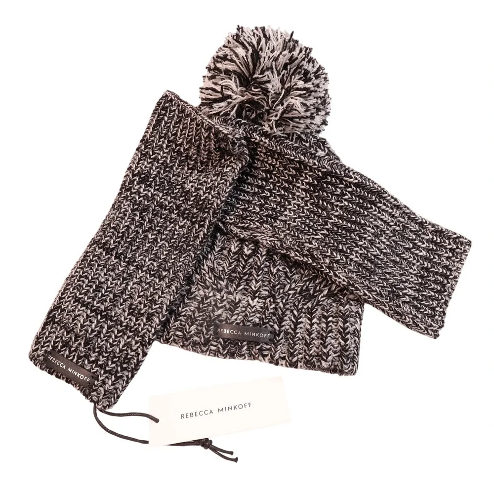 NEW Rebecca Minkoff Beanie and Arm Warmer Set Knit Pom Black One Size